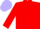 Red, pale blue v bib, red sleeves, pale blue cap