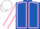 Royal blue, pink seams, white sleeves, pink seams, white cap