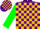 Purple, gold fleur-de-lis, gold blocks on green sleeves