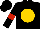 Black, gold spot, red arrow head, black sleeves, red armlets, black cap