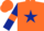 Orange, dark blue star, dark blue sleeves, orange armlets