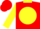 Red, yellow ball, yellow collar, yellow sleeves, purple hoops