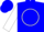 Blue, white circle 'rw' on back, white checks on sleeves