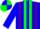 Blue, green stripes, purple braces, blue sleeves, quartered cap