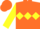 Orange, yellow diamond hoop, yellow sleeves, orange cap