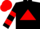 Black, red triangle, two red hoops on sleeves, red cap