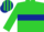 Lime green, dark blue hoop, lime green sleeves, striped cap