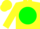 Yellow, red fighting bull on green ball, forest green band on sleeves, yellow cap