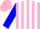 pink and white stripes, blue sleeves, pink cap