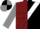 Burgundy and black diagonal halves, white sash, white hoop on grey sleeves, black, grey and white quartered cap