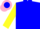 Blue, black 'r' on pink trimmed yellow ball, pink trimmed blue ball on yellow sleeves