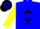Blue, black diamond framed 'm', blue hoop on yellow sleeves