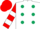 White, dark green spots, red and white hooped sleeves, red cap