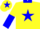 Yellow, blue star, collar and cuffs, halved sleeves, yellow cap, blue star and peak