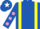 royal Blue, yellow braces, white, mauve spots sleeves, white, mauve star cap