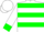 White, green, 'jls' in green hoops, green bands and cuffs
