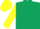 Dark green body, yellow arms, yellow cap, dark green checked