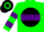 Green, black ball, purple hoop, purple band on sleeves
