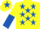 YELLOW, royal blue stars, halved sleeves, yellow cap, royal blue star