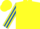 Bright yellow and royal blue checks, striped sleeves, yellow cap, royal blue peak