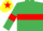 Emerald green, red hoop and armlets, yellow cap, red star