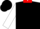 Black, white feather, white sleeves, red cuffs & collar