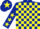 Dark blue and yellow check, dark blue sleeves, yellow stars, dark blue cap, yellow star