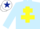 Light blue, yellow cross of lorraine, white cap, dark blue star