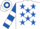 White, royal blue stars, royal blue and white hooped sleeves, white and royal blue hooped cap