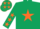 Dark green body, orange star, dark green arms, orange stars, dark green cap, orange stars