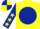 Yellow body, dark blue disc, dark blue arms, yellow stars, yellow cap, dark blue quartered