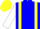 Blue, yellow braces, white sleeves, yellow cap