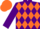 Purple, orange band of diamonds, purple sleeves, orange cap