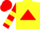 Yellow, red triangle, yellow bars on sleeves, red cap