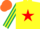 Yellow, red star, dark green and yellow striped sleeves, orange cap