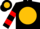 Black, gold ball, red arrow head, red bars on sleeves