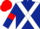 Dark blue, white cross sashes, dark blue sleeves, red armlets, red cap