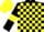 Black and yellow check, black sleeves, yellow armlets, yellow cap