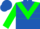 Royal blue, green triangular panel, green hoop on sleeves, royal blue cap