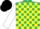 Emerald green and yellow check, white sleeves, black cap