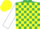 Emerald green and yellow check, white sleeves, yellow cap