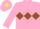 Pink, brown diamond hoop on front, yellow rose on brown diamond on back, brown trim