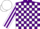 Purple and white blocks, purple stripes on white sleeves, white cap