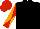 Black, red and orange diabolo on sleeves, red cap