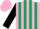 Pink and dark green stripes, black sleeves, pink cap