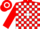 Red & white blocks, white hoop on red sleeves