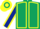Dark green, yellow seams, dark blue sleeves, yellow seams, hooped cap
