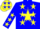 Blue, yellow 'rock star' & star on back, yellow stars on back