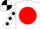 White, red ball, black spots on sleeves, black and white quartered cap