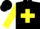 Black, yellow cross, red band on yellow sleeves, black cap